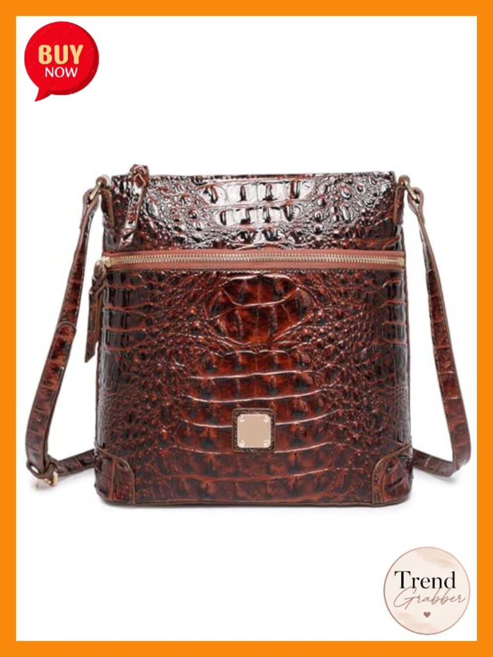 Women Crocodile Shoulder Flat Square Handbag Vegan Leather Crossbody Purse